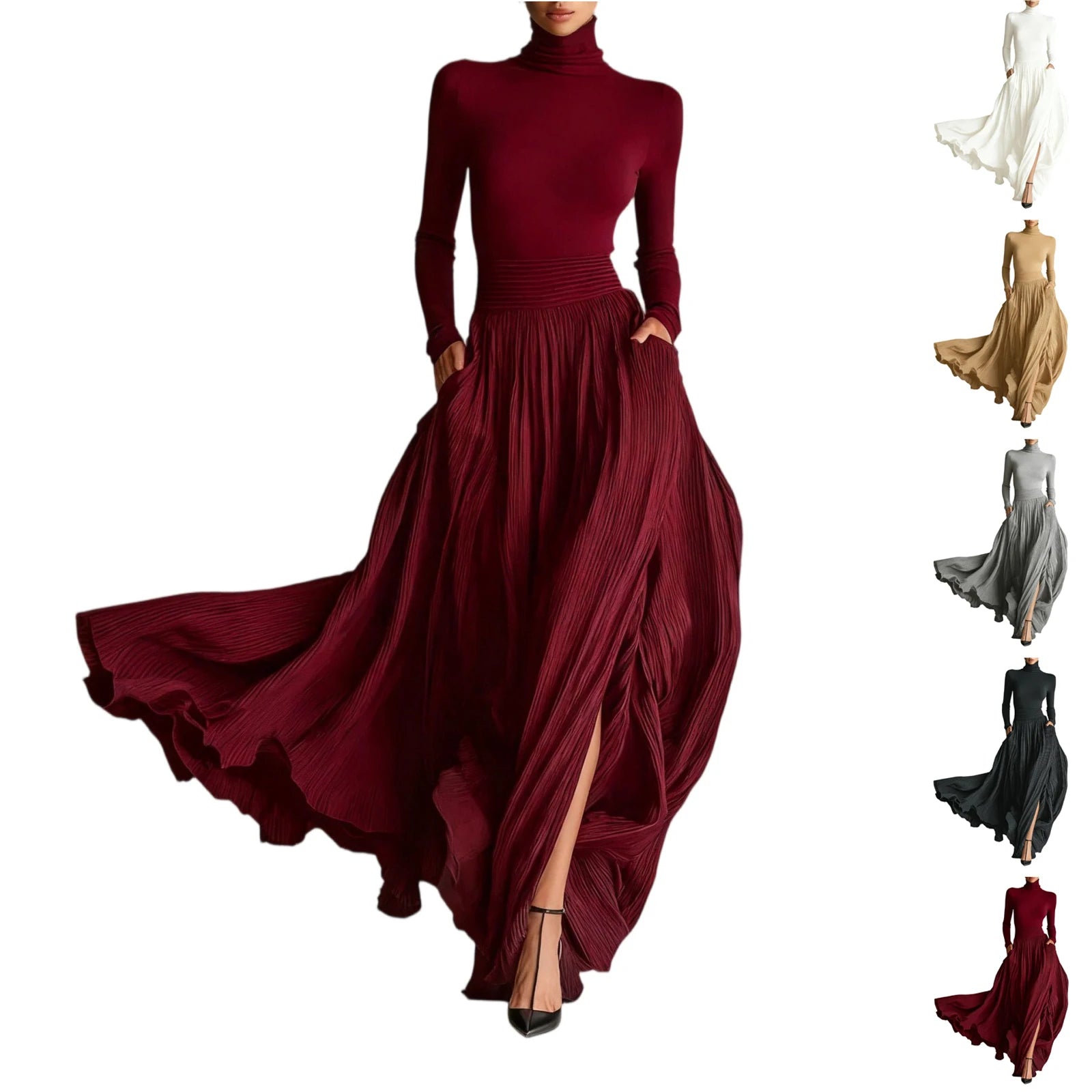French Retro Elegant Light Luxury Slim-fit Dress for Women Turtleneck Long Sleeve Long Dresses Flowy Dress with a Large Skirt - Kimlud