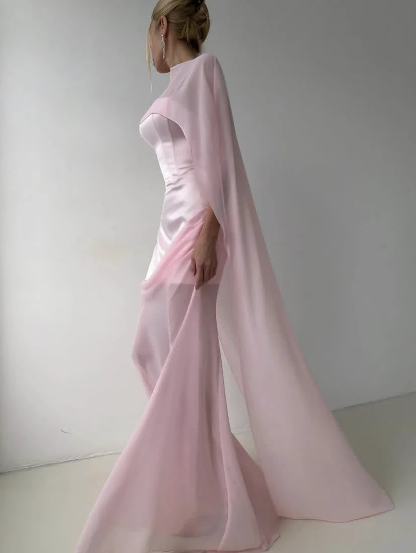 Pink Formal Dress with Cloak Backless Custom Made Sexy Prom Gowns See Through Chiffon Spaghetti New Couture Long Prom Dresses - Kimlud