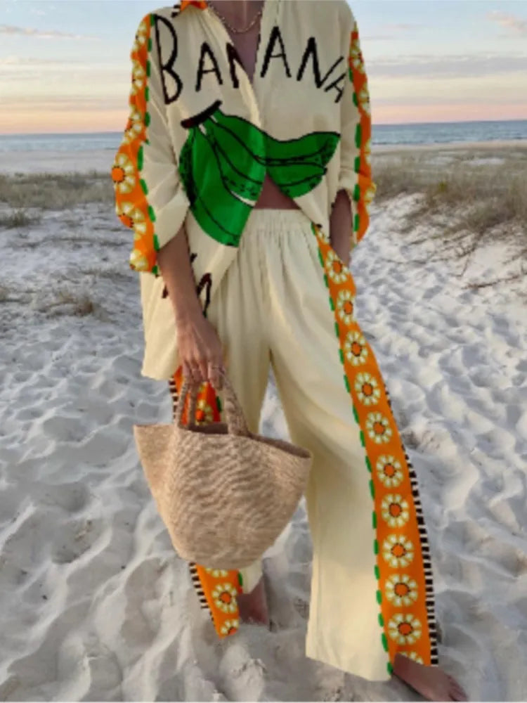 Casual Printed Two Piece Set Women Spring Summer New Fashion Comfort Holiday Button Long Sleeve Shirts And Wide Leg Pants 2 Sets
