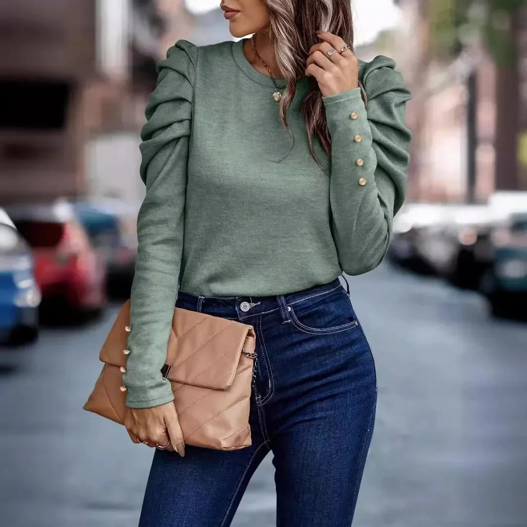 Women New Spring Long Sleeve Blouse Fashion O Neck Puff Sleeve Solid Office Tops Female Casual Loose Shirts For Women Casual Top