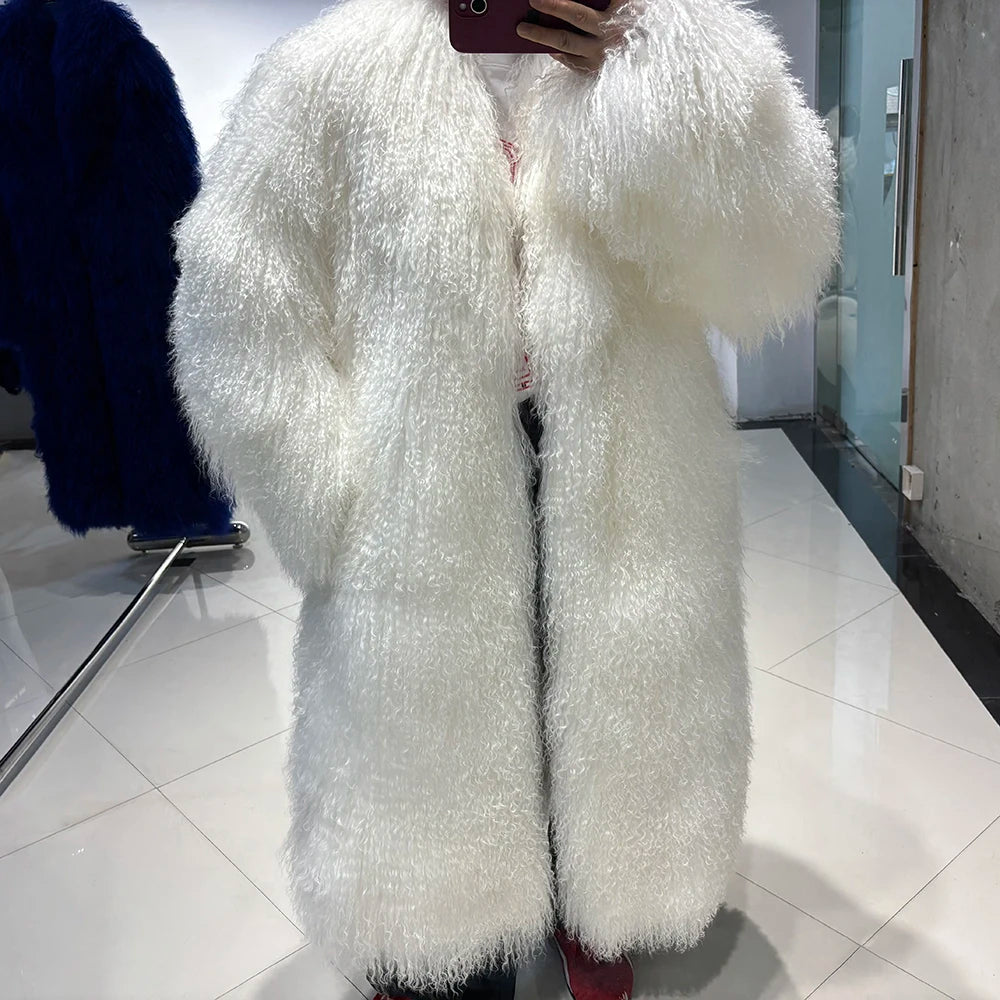 YOLOAgain 2025 Winter Warm Turn-Down Collar Real Mongolia Sheep Fur Jacket Long Women Plus Size 6XL Outerwear