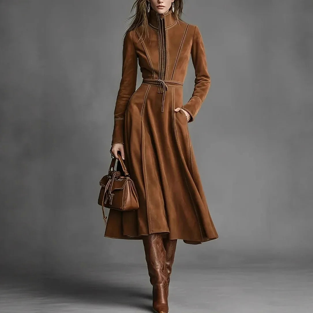 Elegant Vintage Suede Long A- Line Skirt with Belt And Zipper High Waist Travel Business Casual Party Streetwear Daily Dress
