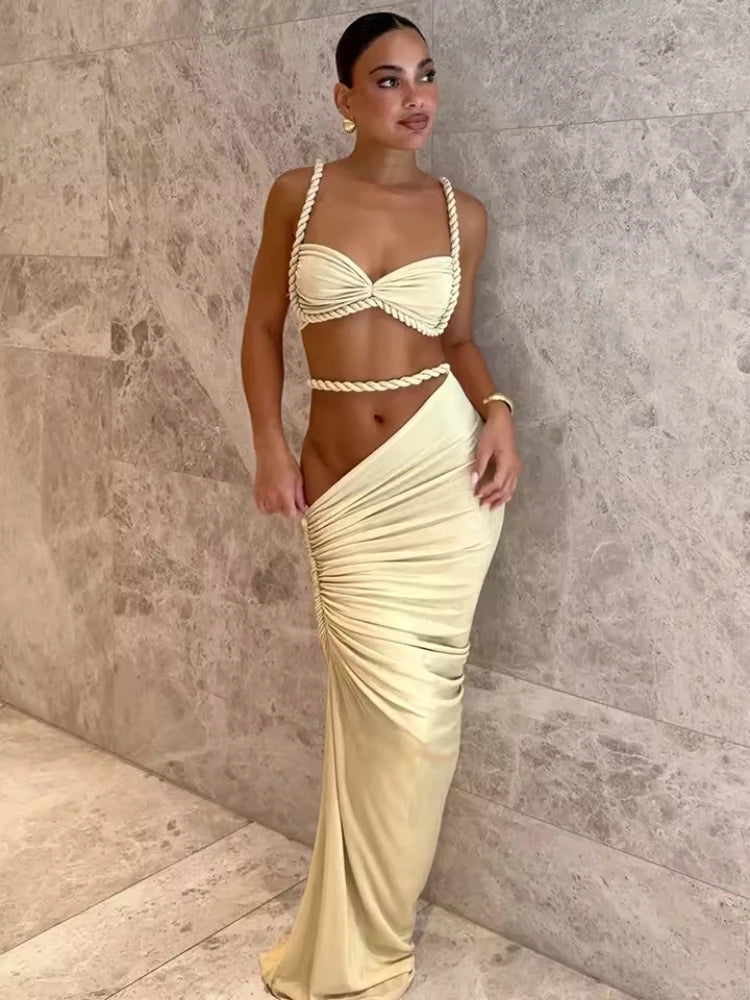 Sexy 2 Piece Set Women Straps Folds Crop Top + Ruched Bodycon Long Skirt Two Piece Dresses Sets Elegant Evening Club...