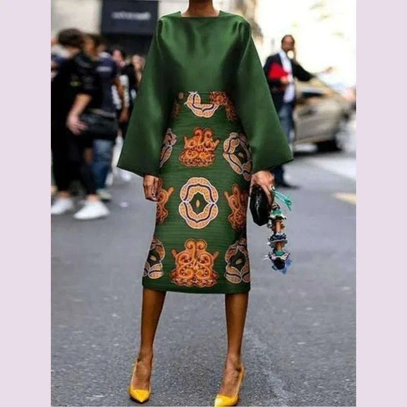 Krismile Women Spring Printed Midi Dresses 2024 Fashion Long Sleeves Round-Neck Midi Dresses Vintage Green Dresses