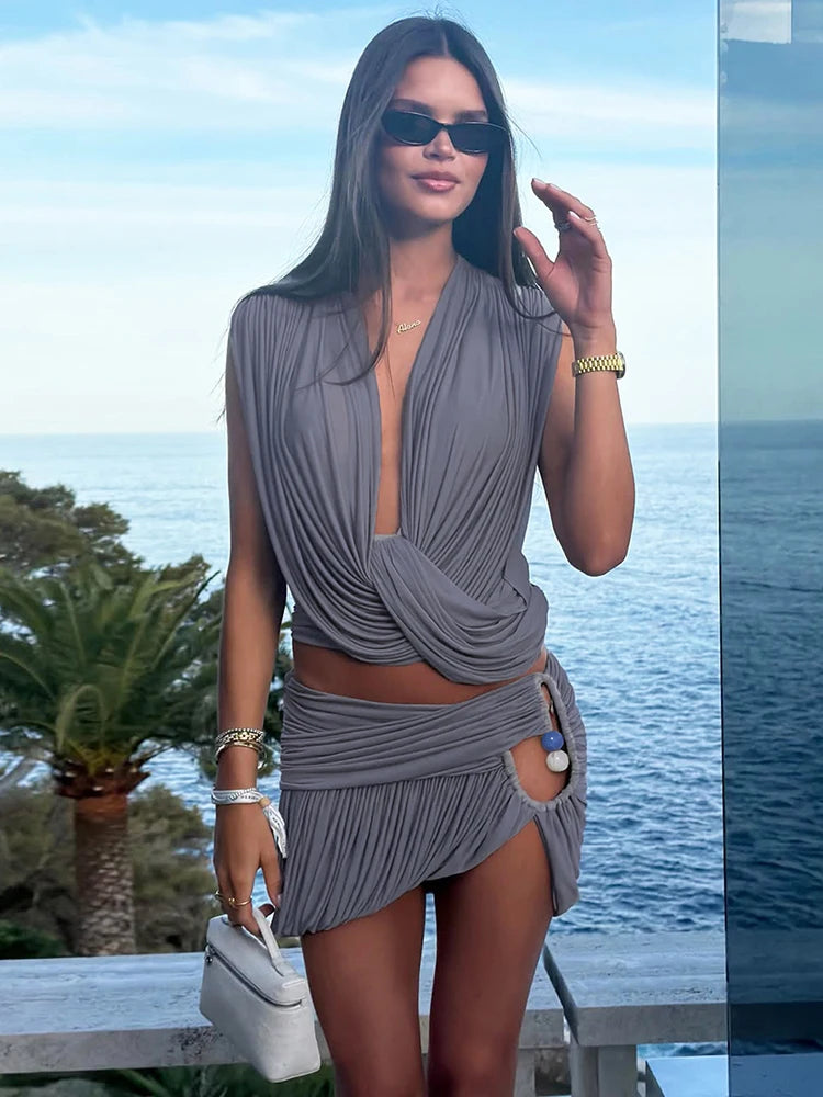 SIsterlinda Fashion 2 Piece Set Woman Sexy Ruched Swing Collar Backless Crop Tops+Beads Decoration Mini Skirts Elegant Outfits