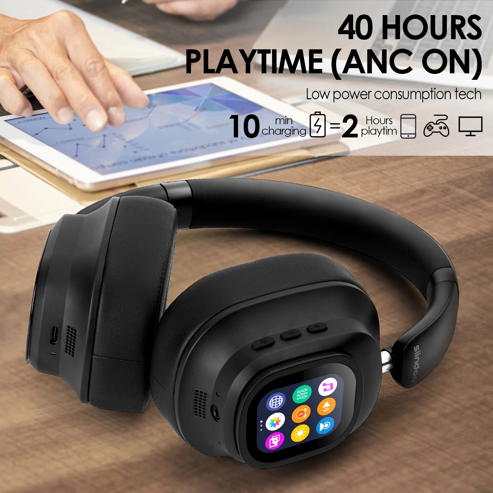 Siindoo JH-ANC930Plus Active Noise Cancelling Headphones, Hybrid Wireless Headphone With Multi Magnetic Touch Control LED Screen