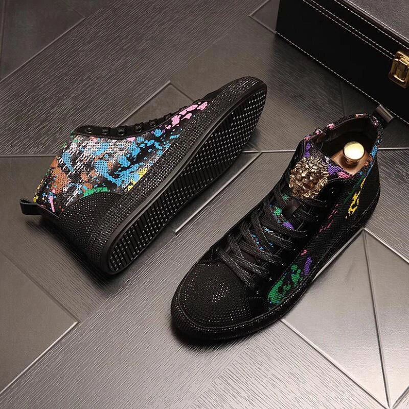 European fashion rhinestone sequin men's high top new network red shoes Korean version breathable high top board shoes - Kimlud