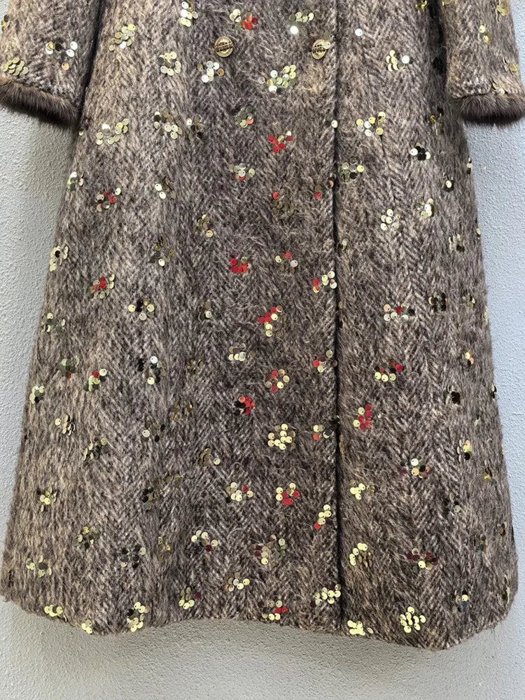 IEQJ Fashion Autumn Winter Woolen Coat Women Turn-Down Collar Fur EdgeDouble Breasted Long Sleeves Sequins Slim Blends Coat New
