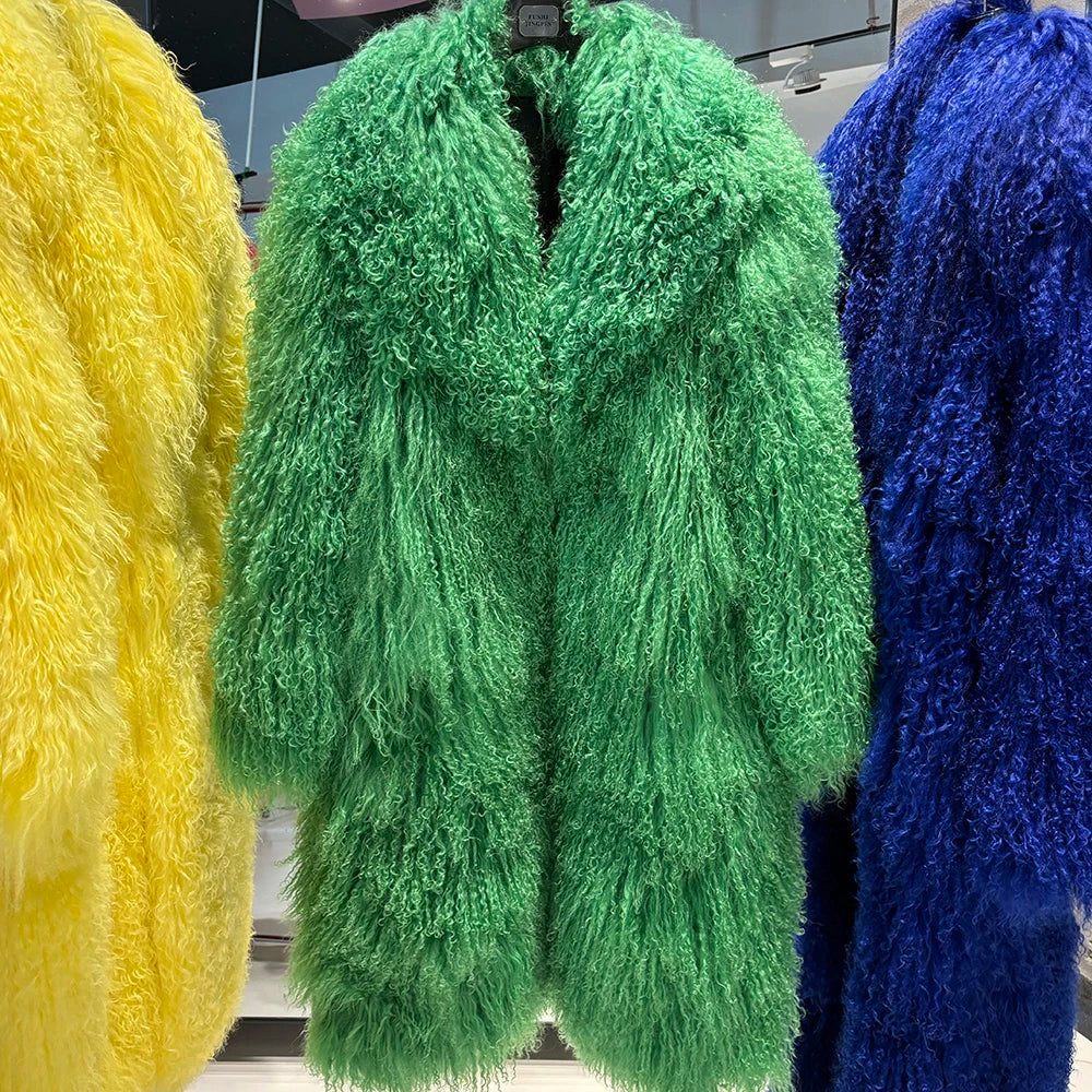 YOLOAgain 2025 Winter Warm Turn-Down Collar Real Mongolia Sheep Fur Jacket Long Women Plus Size 6XL Outerwear