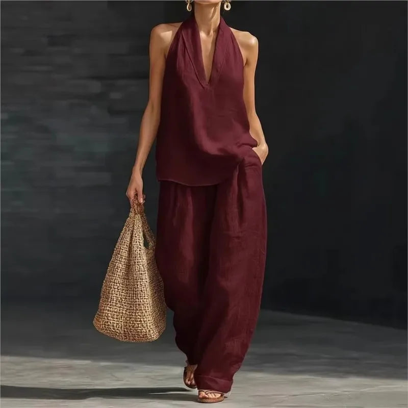 Casual Solid Set For Women Fashion Solid Sleeveless V Neck Tops+High Waist Wide Leg Pants 2 Piece Sets Lady Holiday Women's