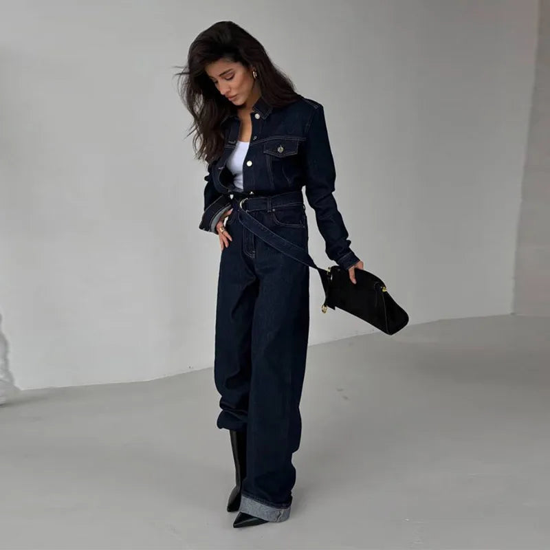 Chic Denim Women's Jumpsuit Turn-Down Collar Lace Up Full Sleeve Lady Long Jumpsuits 2026 Spring Casual Female Streetwear - Kimlud