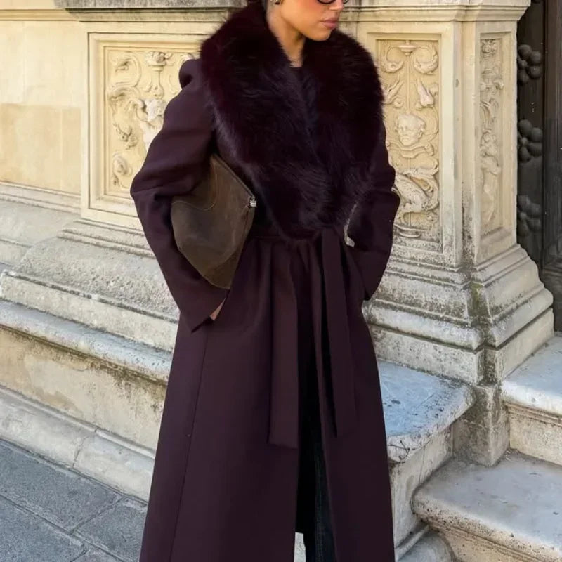 Solid Women Fur Collar Woolen Overcoat Stylish Patchwork Lace Up Long Sleeve V-neck Loose Coats 2026 High Street Warm Outerwear