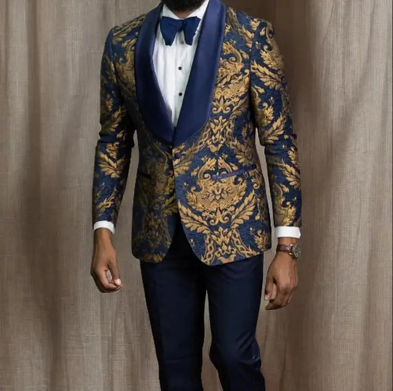 Jacquard Floral Tuxedo Suits for Men Wedding Slim Fit Navy Blue and Gold Gentleman Male Costume Suit Set | Kimlud Luxury Rug