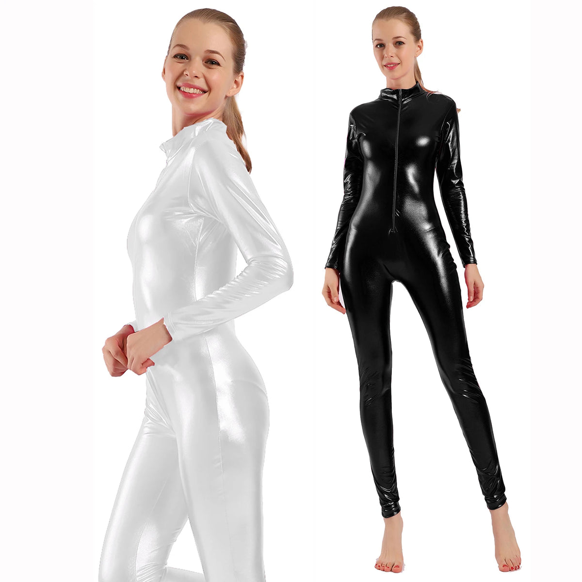 AOYLISEY Women Shiny Metallic Catsuits Unitard Long Sleeve Mock Neck Ballet Jumpsuits for Hollween Men Cosplay Zentai Costumes