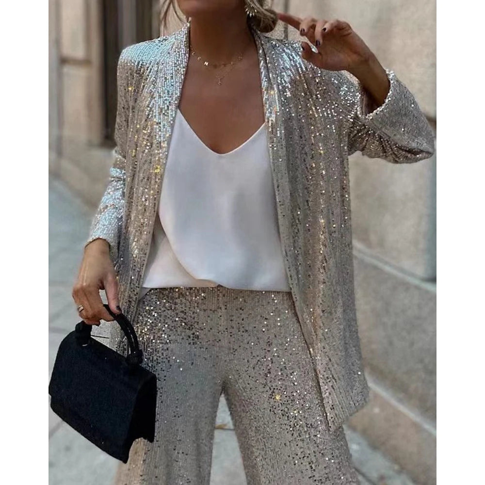 All Over Sequins Long Sleeve Coat Top & Wide Leg Pants Set For Women Korean Style Femme Tow Pieces Set Elegant Wear
