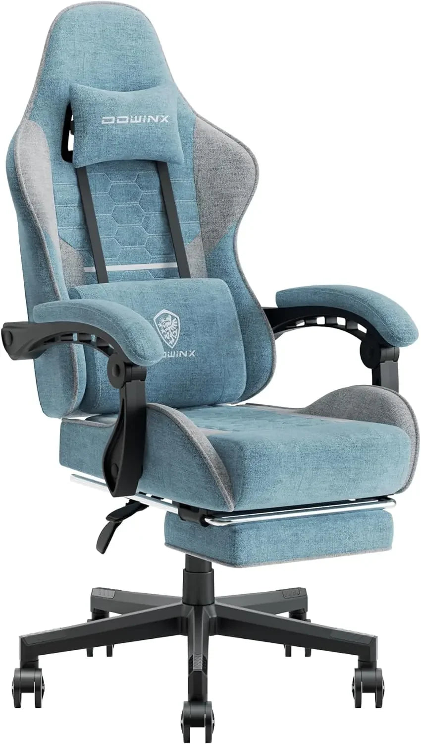 Gaming Chair Fabric with Pocket Spring Cushion, Massage Game Chair Cloth with Headrest, Ergonomic Computer Chair, Light Grey