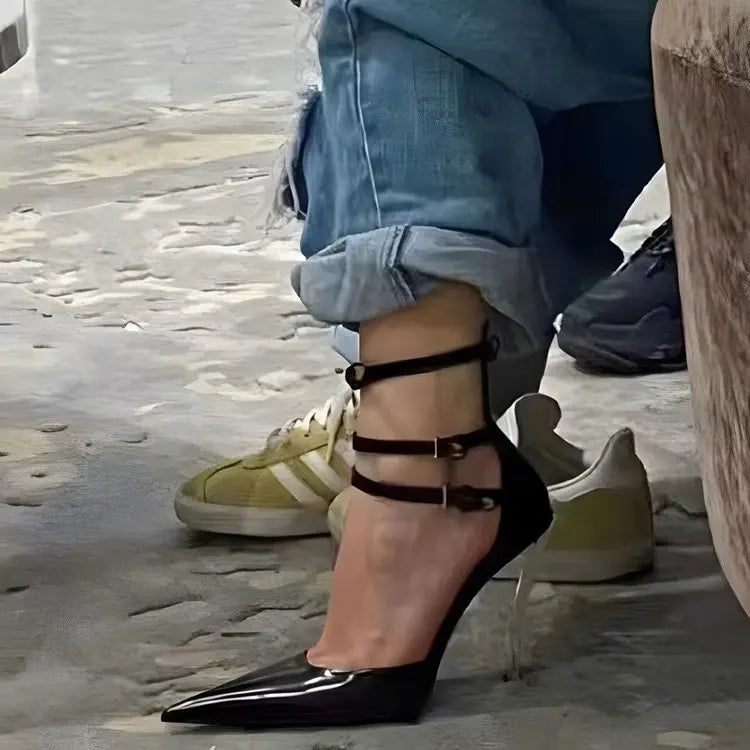 Heeled Sandals Shallow Mouth Comfort Shoes for Women High Heels Black Lace Up Girls Pointed Stiletto High chaussure femme - Kimlud