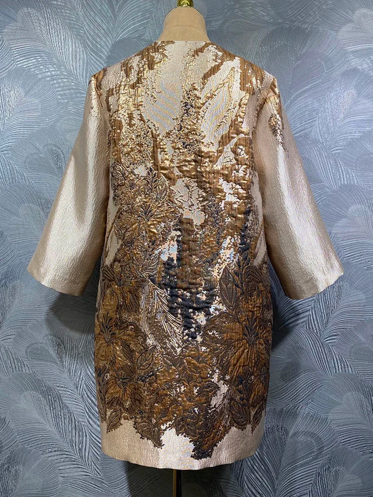 DLDENGHAN Beading Jacquard Coat For Women O-Neck 4/3 Sleeved Pockets Concealed Button Street Style Outerwear Autumn Female