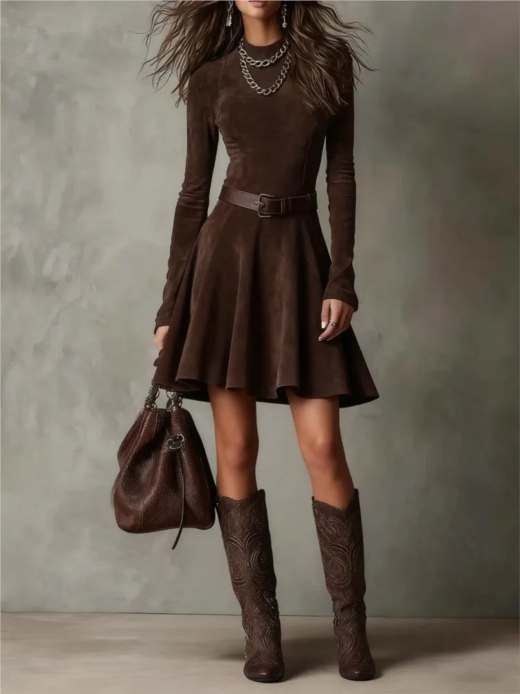 Fashionable O-neck Long-sleeved Mini Dress For Women Spring Autumn Solid Color Elegant Belted Retro Vintage Dresses Female