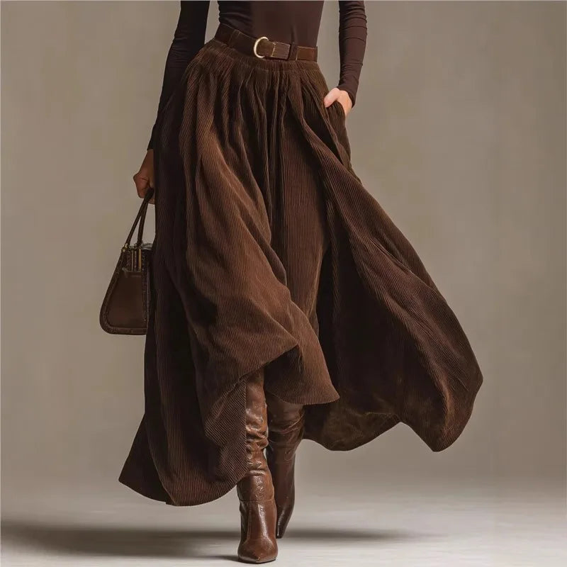 Retro Elegant Corduroy Long Skirt 2 Pieces Sets Turtleneck Long Sleeve Slim Top + Pocket Skirt Outfits Solid color Suit Outfits