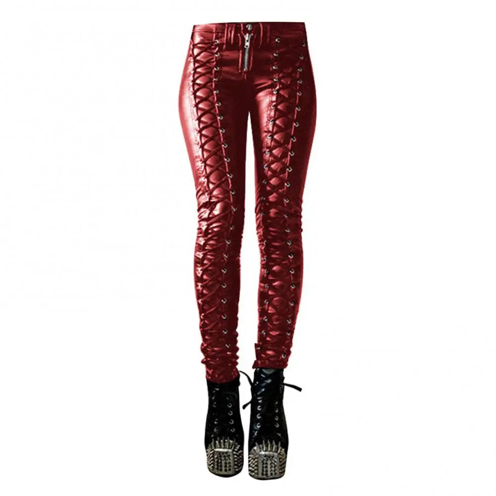 Button Skinny Women Faux Leather Pants Trousers Steampunk Cosplay Carnival Party Trousers