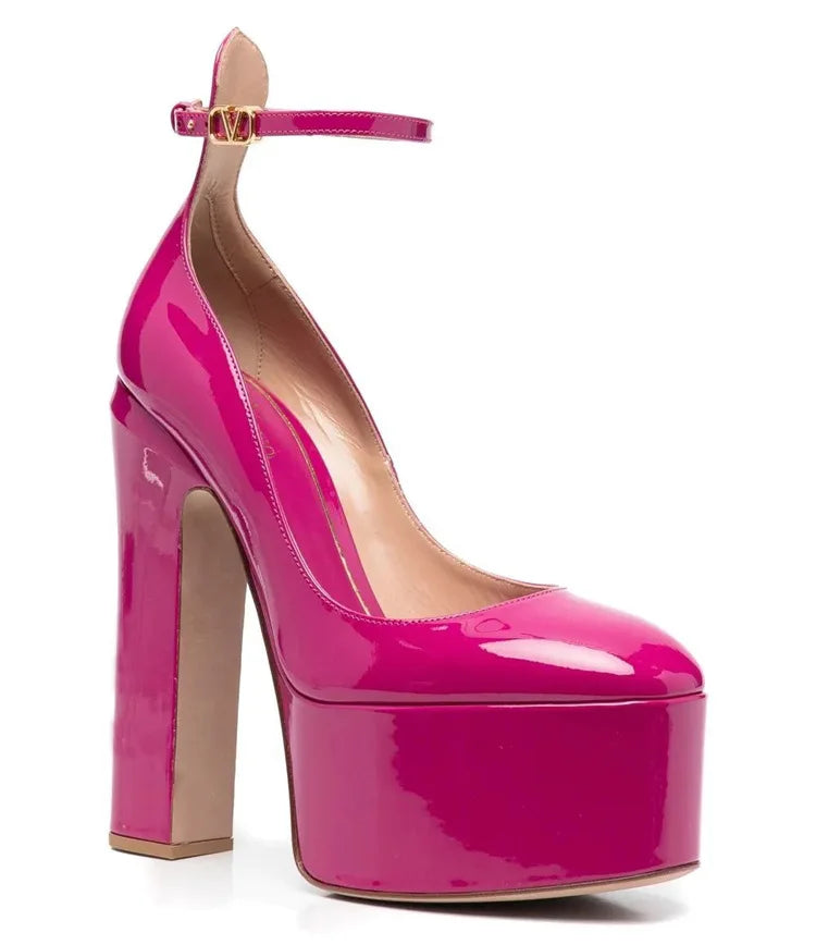 Women New European And American Style Super High Heels Patent Leather Round Toe Thick Sole Large Size Thick Heel Shoes