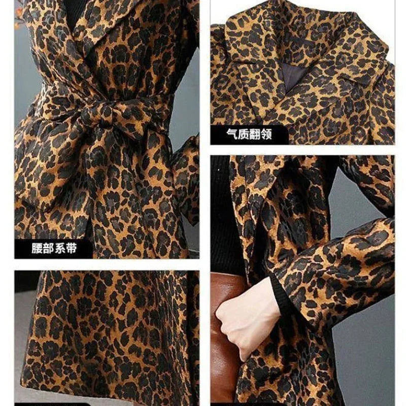 High End Fashion Leopard Coat Women Spring Autumn Korean Slim Long Trench Coat Female Windbreaker With Belt Mother Outwear ZT180