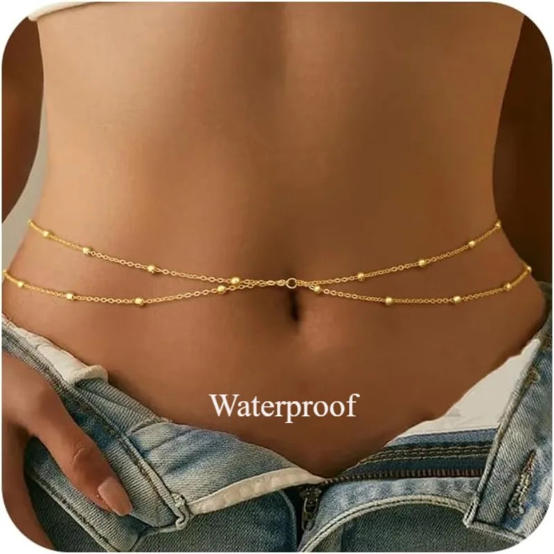 Waist Chain for Women Waterproof, 14K Gold Plated STAINLESS STEEL Layered Belly Chain Sexy Bikini Satellite Beads Body...