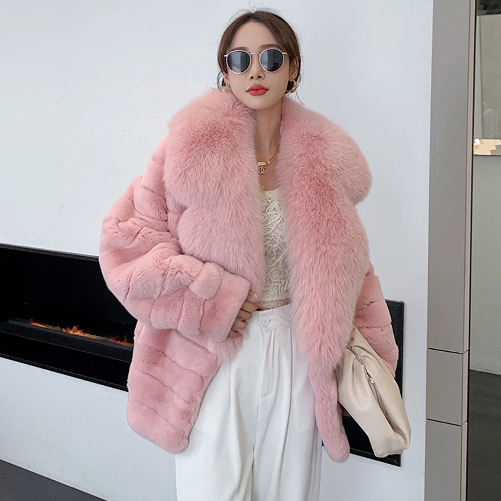 Fashion Women Real Rex Rabbit Fur Coats Long Natural Full Pelt Chinchilla Color Rabbit Fur Jackets With Real Fox Fur Collar Over