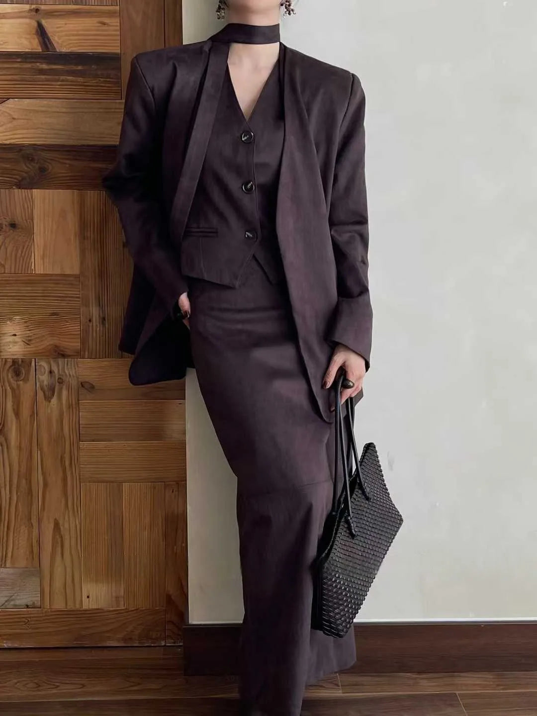 KWTX 2025 Women's 3 Pcs Suit Set Spring Fall V-Neck Blazer Single Breasted Vest Ribbon Tie Skirt Solid Color Elegant Retro