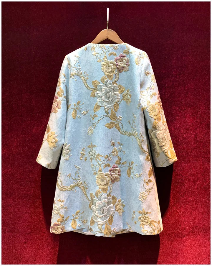 Luxury Lady Vintage Autumn Embroidery Jacket Women Floral Beading Long Coat Covered Button Outwear Trench O-neck