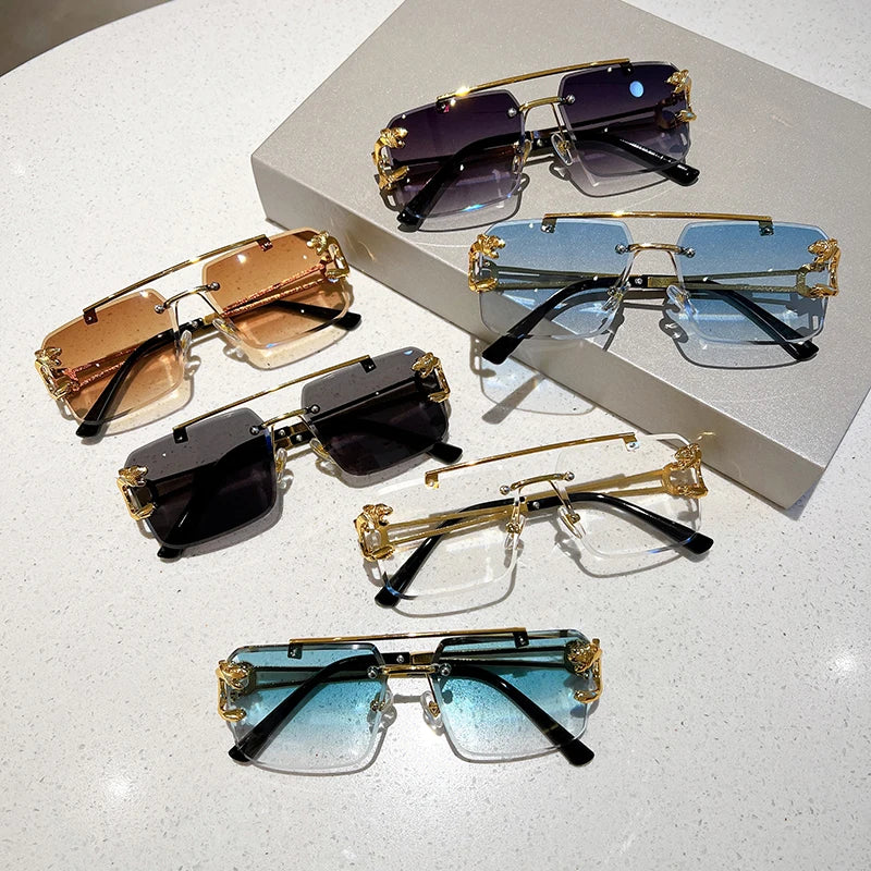 KAMMPT Vintage Rimless Sunglasses Men Women Fashion Oversized Square Shades Eyewear New Double Bridge Gradient UV400 Sun...