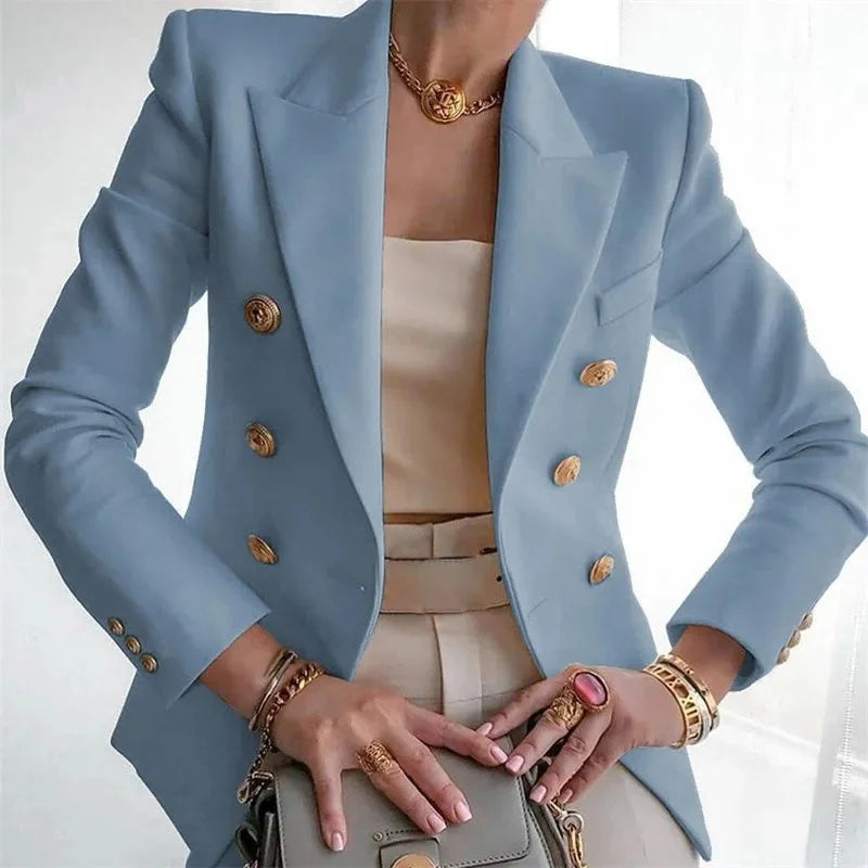 Women's Elegant Metal Buckle White Suit Jacket Casual Office lady Blazer High-end Feel Western-style Clothe