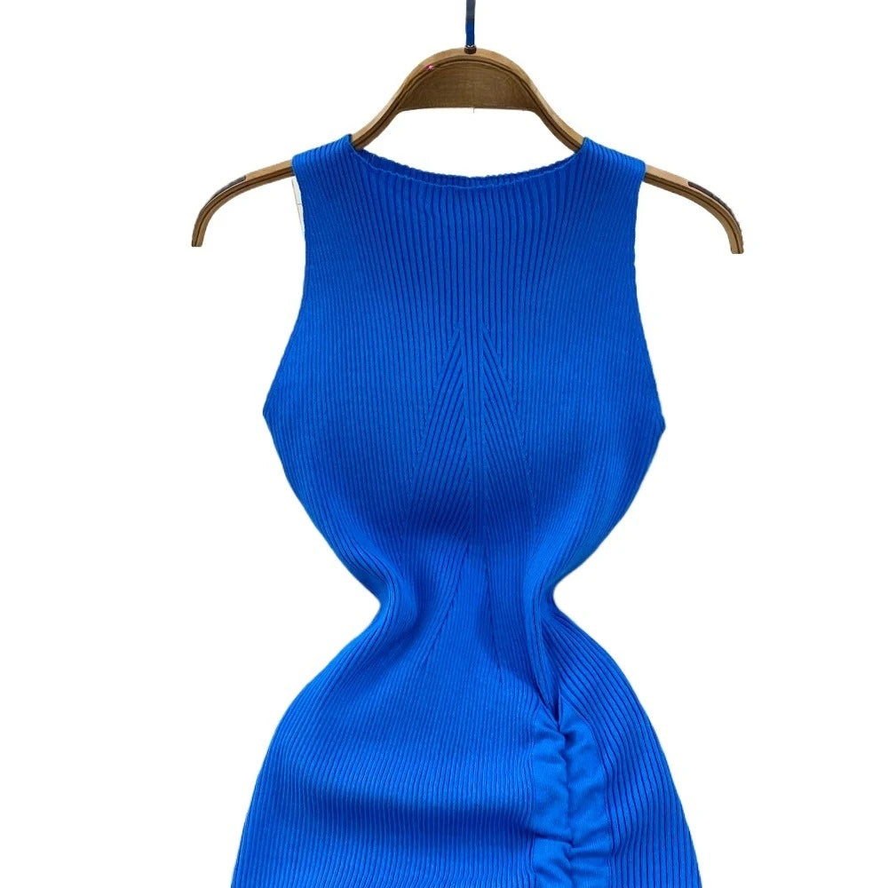 Women's Blue Sleeveless Crew Neck Ruched Side Sundress Stretchy Ribbed Knit Bodycon Midi Dress Slit Summer Daily Party Dress - Kimlud