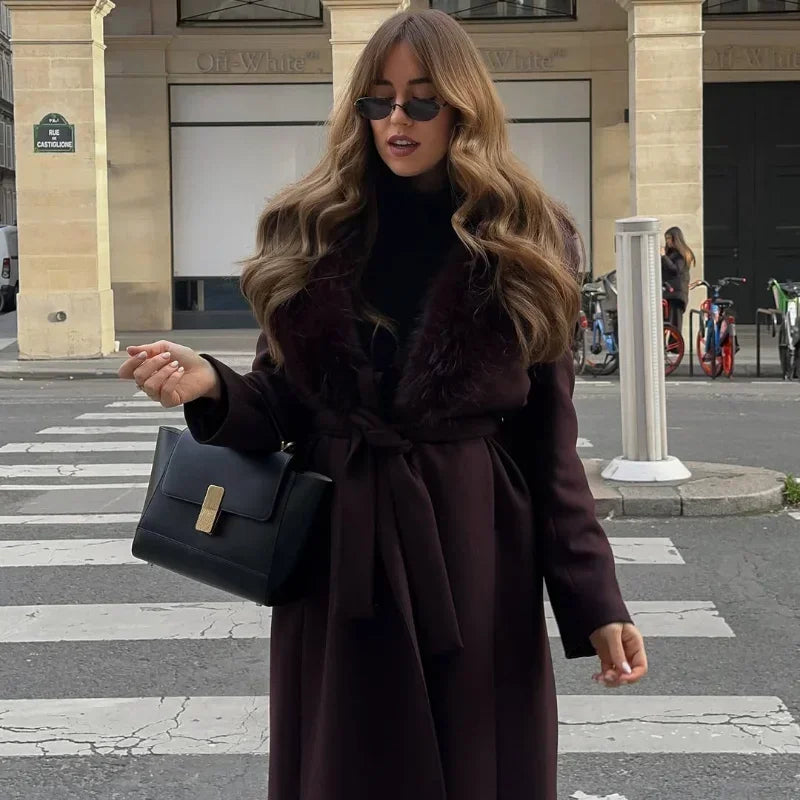 Solid Women Fur Collar Woolen Overcoat Stylish Patchwork Lace Up Long Sleeve V-neck Loose Coats 2026 High Street Warm Outerwear