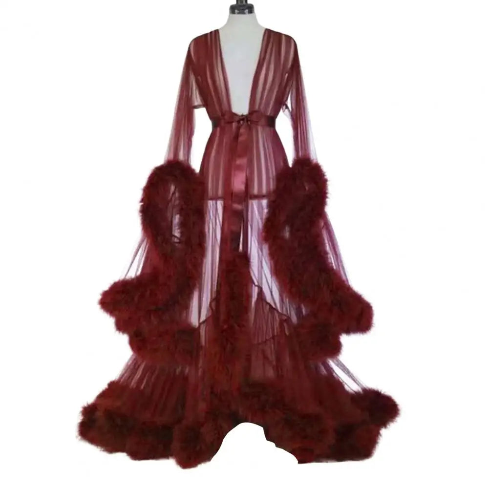 Wedding Night Mesh Dress Fluffy Trim A-line Mesh Dress Translucent Lace-up Bow Waist Seductive Bathrobe Cocktail Party Dresses