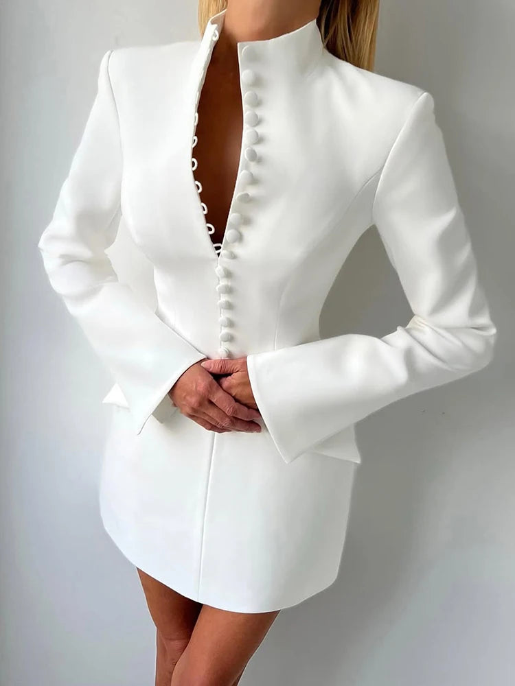 Leosoxs Office Dress Women Autumn Trend Single Breasted Stand Collar Simple Elegant Solid Street Commute Skinny Suit...