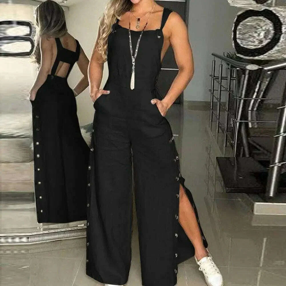 Women's Sleeveless Wide Leg Jumpsuit with Side Pockets And Button Solid Color Loose Straight-Leg Romper for Women Summer Outfit