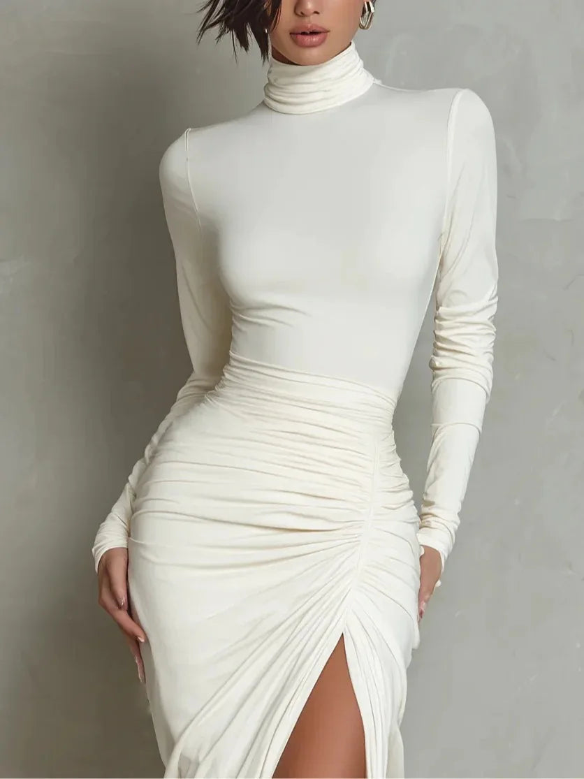2026 New Women's Sexy Bodycon Maxi Dress Elegant High Neck Long Sleeve Long Dress Solid Color Slimming Party Dress