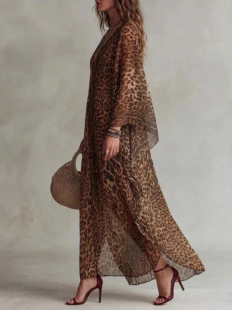 Vintage Chiffon Leopard Dress Deep V Neck Batwing Sleeve Maxi Caftan Dress Casual Loose Summer Beach Cover Up Dresses...