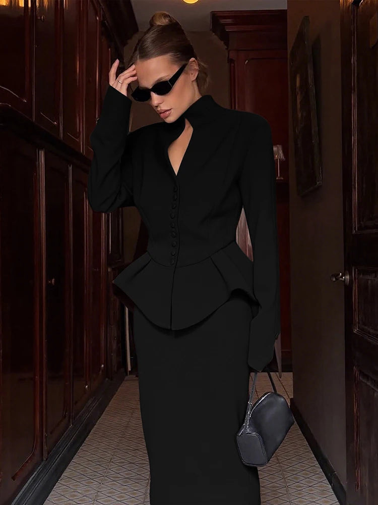 Weird Puss Elegant Office 2-Piece Set Women Classic Autumn trend Single Breasted Ruffled Jacket+Peach Hip Mid Skirt Slim Outfits