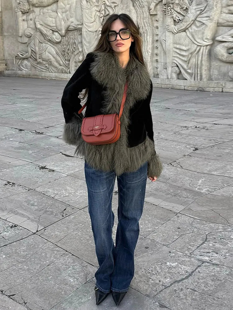 Vintage Patchwork Women's Faux Fur Trim Coat Urban Lapel Full Sleeve Female Jacket Female 2026 Spring Winter Lady Streetwear New