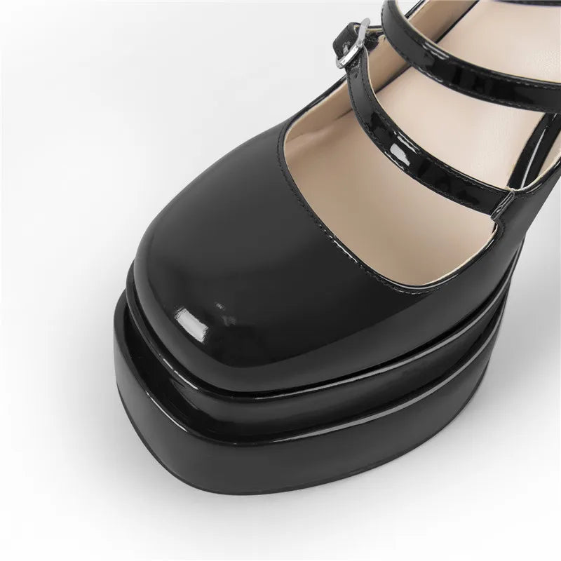 Onlymaker Women Buckle Strap Platform Pumps Black Patent Leather Cross-tied Square Toe Fashion Party Thick High Summer...