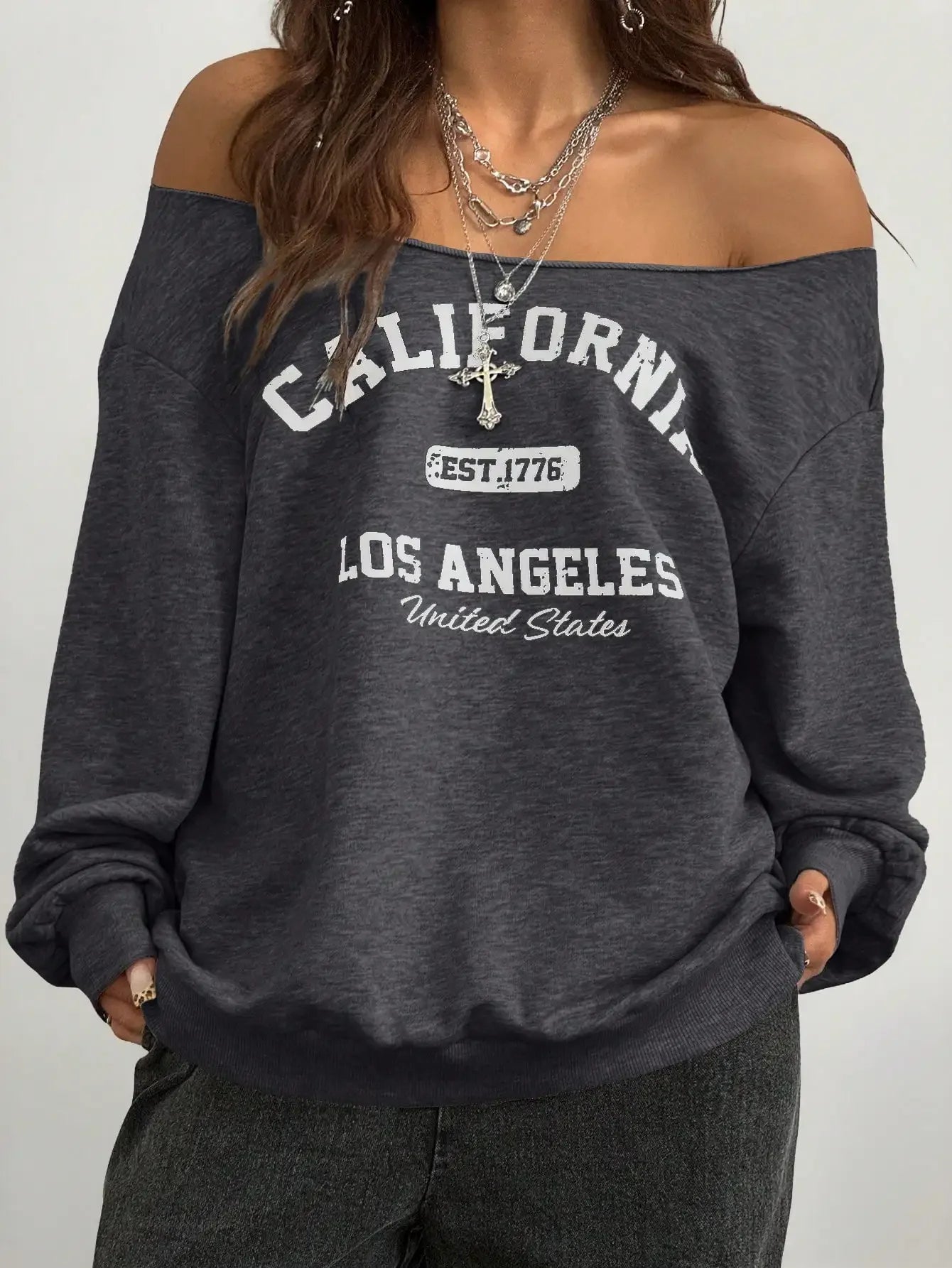 Casual Basic Knitted Single Shoulder Loose Long Sleeve Grey Sports Shirt Long Top Comfortable Loose Fit Grey Knitwear