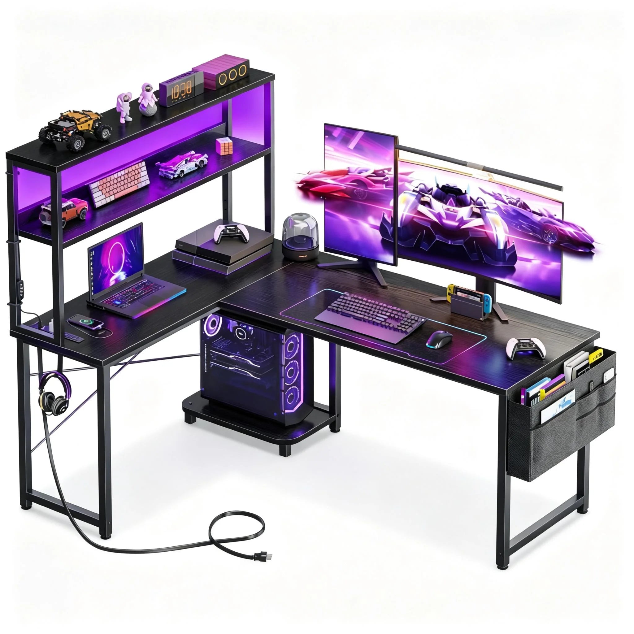 L Shaped Gaming Desk with Power Outlets & LED Lights, Corner Desk with Monitor Stand for Home Office, Space-Saving |...