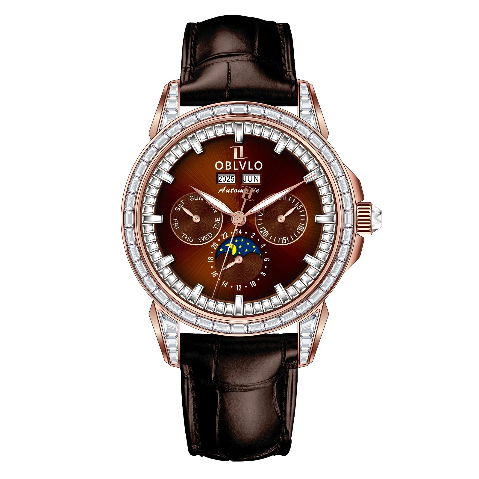 OBLVLO Men's Fashion Automatic Watch Colorful Zircon Moonphase Mechanical Multifunctional Black Leather Strap Timepiece...