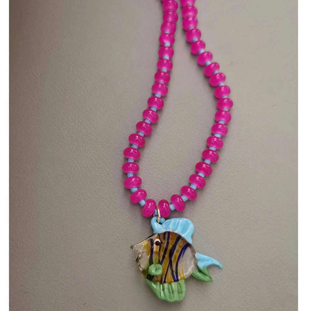 Bohemian Colorful Glaze Fish Pendant for Women Striped Beaded Necklace Seaside Vacation Party Accessories