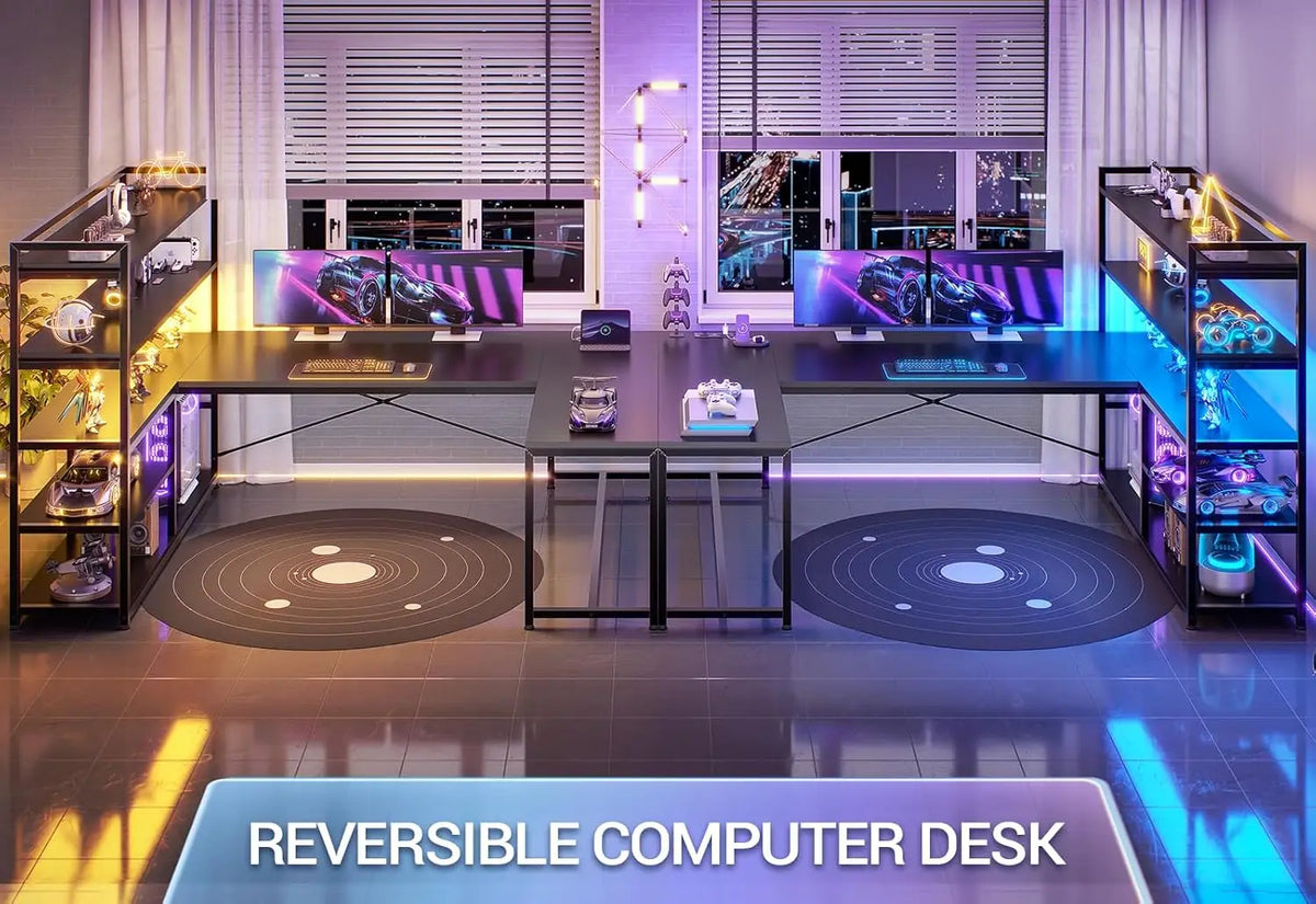 63'' L-Shaped Gaming Desk with LED Lights, Power Outlet & Storage Shelves - Reversible Corner Desk for Home Office |...