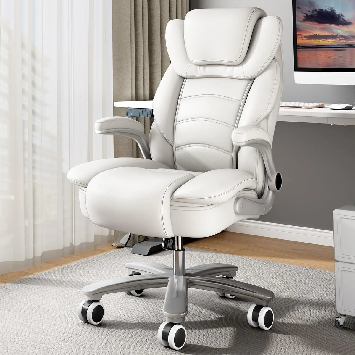 Office Chair 400lb Wide Seat, Ergonomic High Back Leather Executive Desk Chair with Flip-up Arms, Gray/Blue | Kimlud...