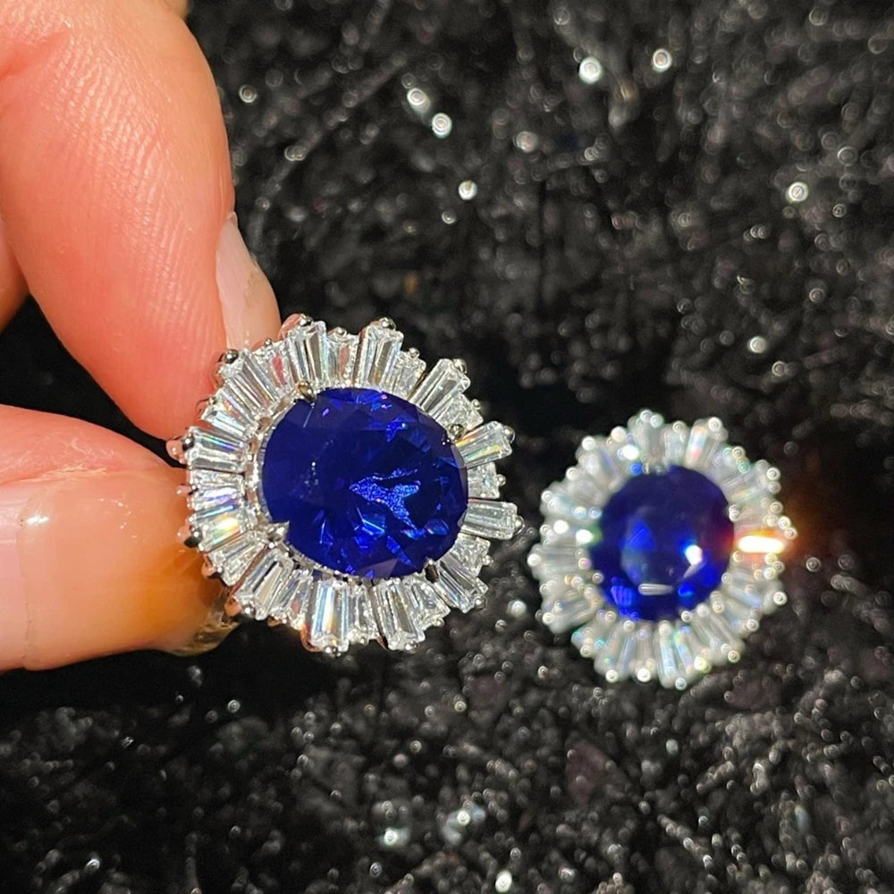 Wong Rain Luxury 925 Sterling Silver Oval Cut Sapphire High Carbon Diamond Gemstone Women Earrings Ear Studs Fine...